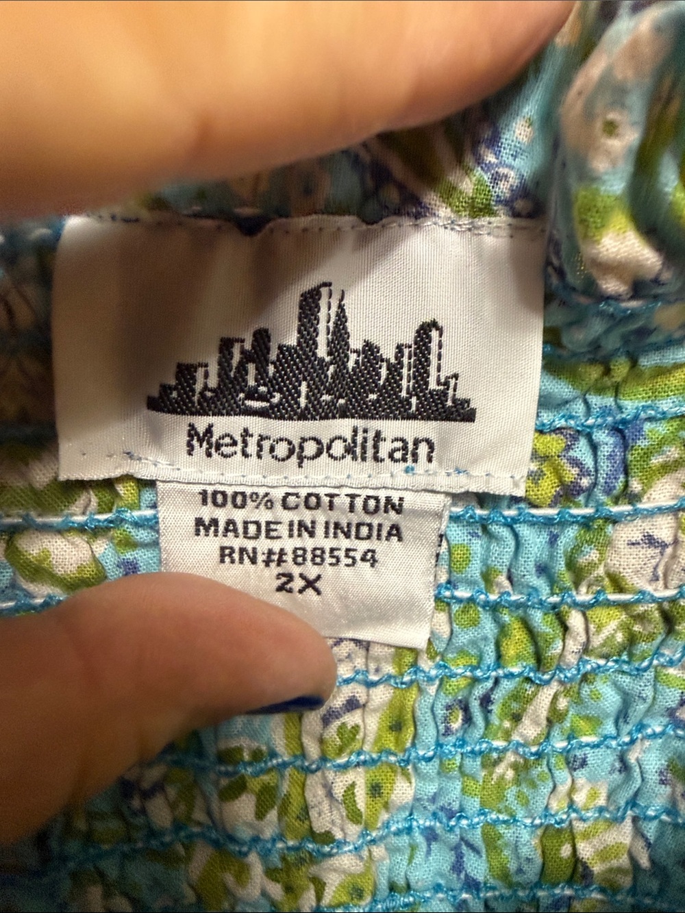 Metropolitan 2X Blue Green Paisley Sundress Smocked Cotton Midi Boho Plus - Picture 2 of 5